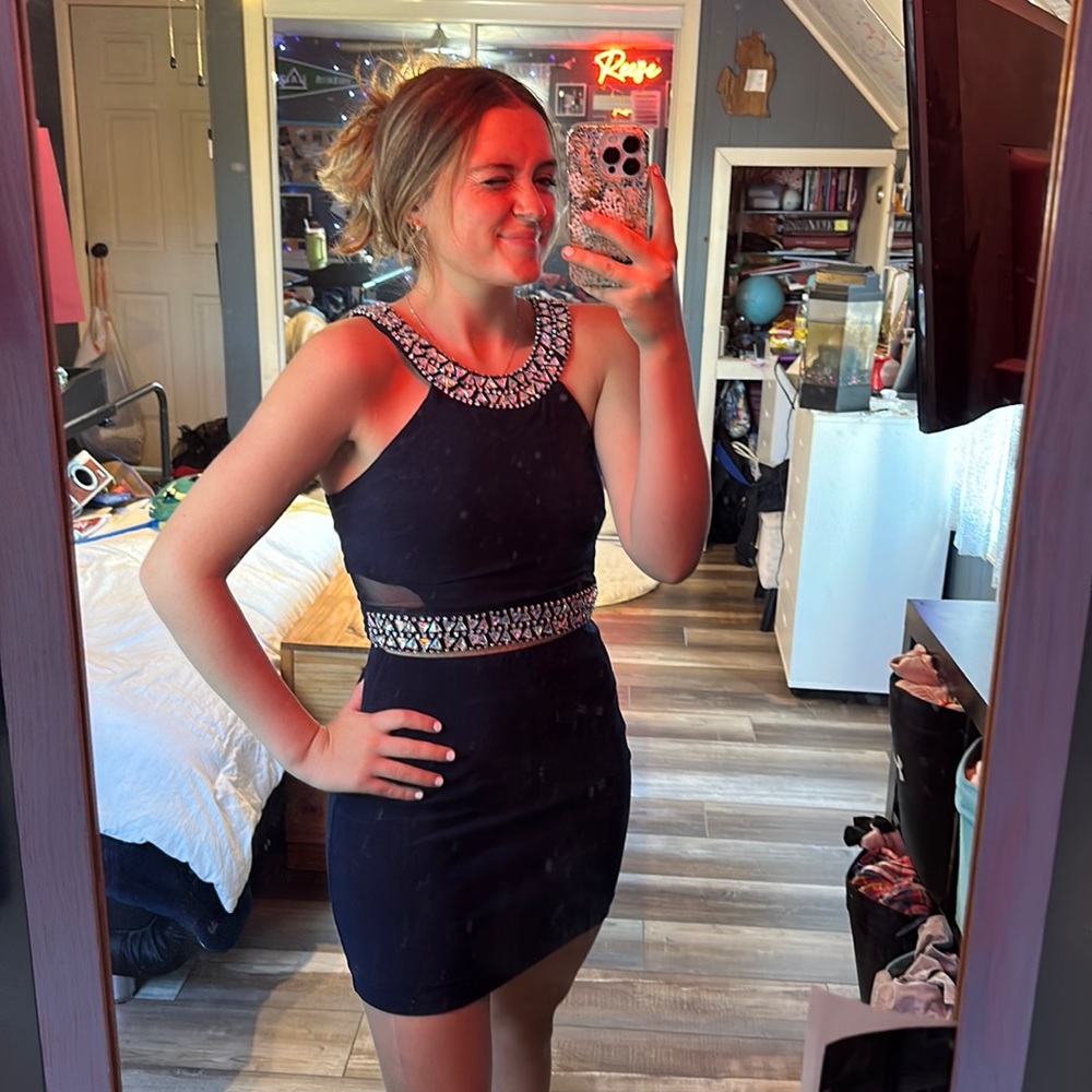 Two peices blue dress with jems warn 2 times one at hoco and now